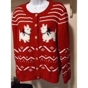 Red Westie Dog Fair Isle Knit Cardigan Sweater Gold Buttons Festive Holiday